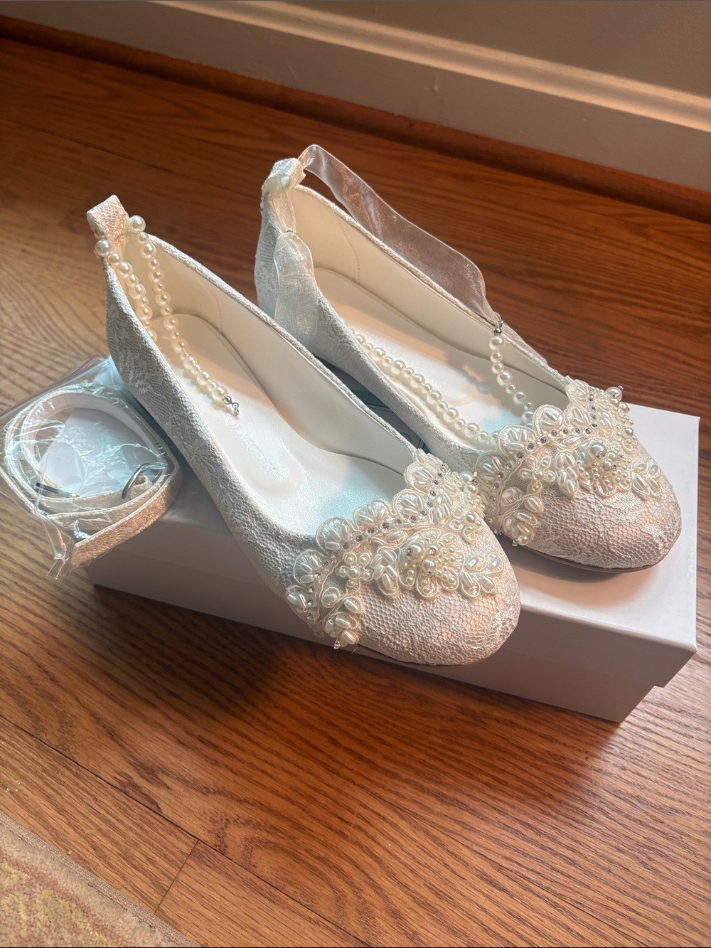 Kailee P. Pearl-Embellished White Lace Bridal Flats